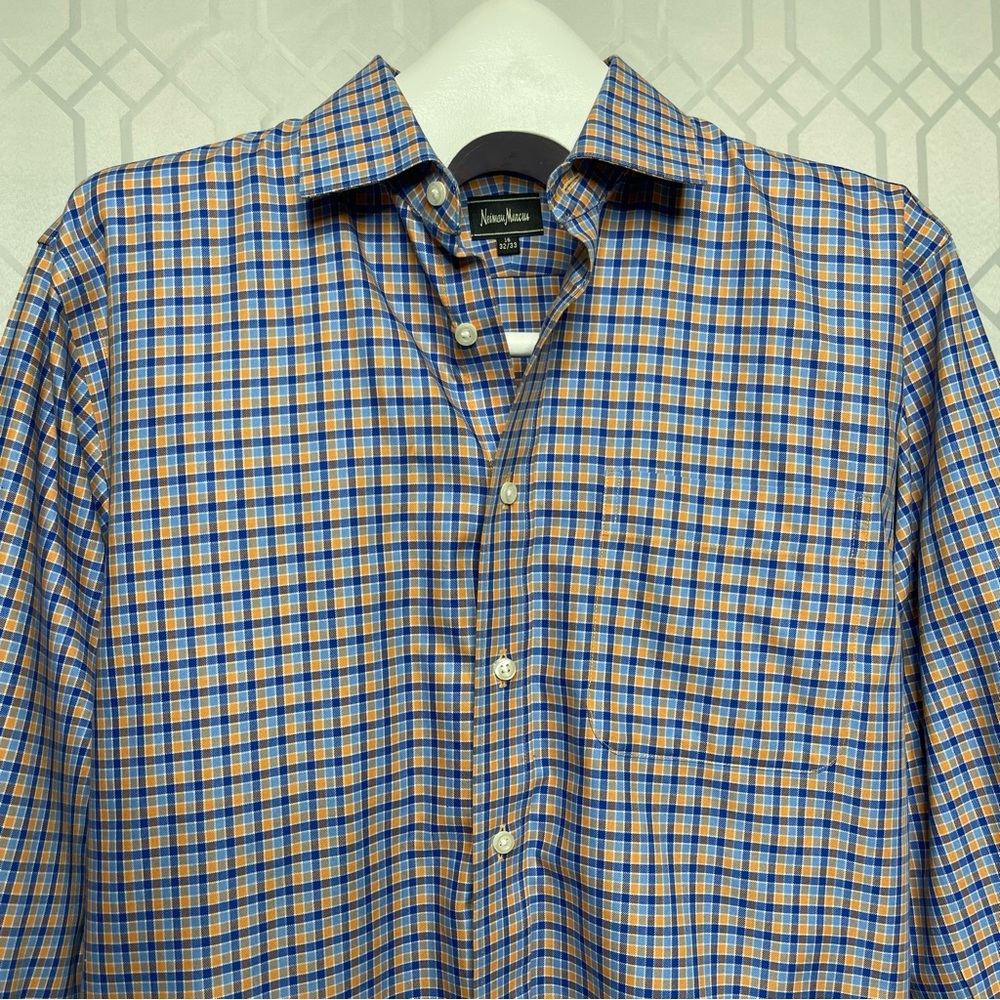 Neiman Marcus Blue Orange Plaid Button Down Dress Shirt Size 16 32/33